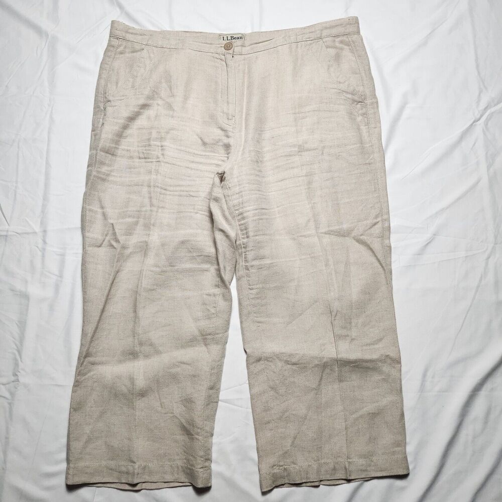 L.L. Bean Womens 14R 100% Linen Wide Leg Crop Pants Tan